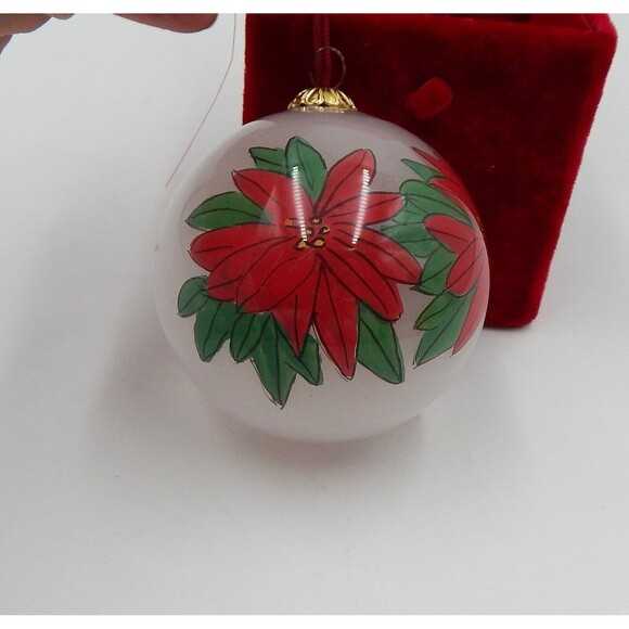 Christmas House Reverse Hand Painted Poinsettia Glass Ornament W/Box 3 Inch - Picture 2 of 7